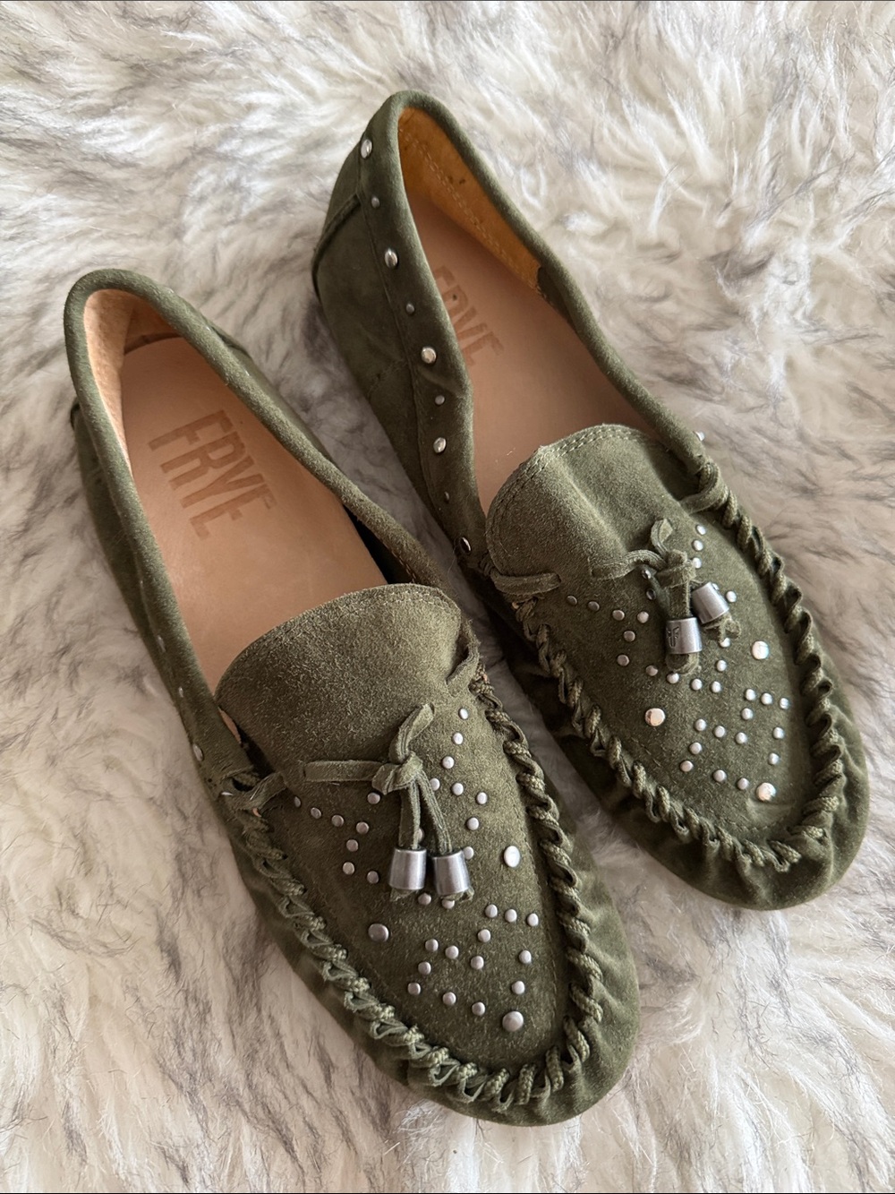 FRYE Olive Green Suede Studded Tassel Moccasins